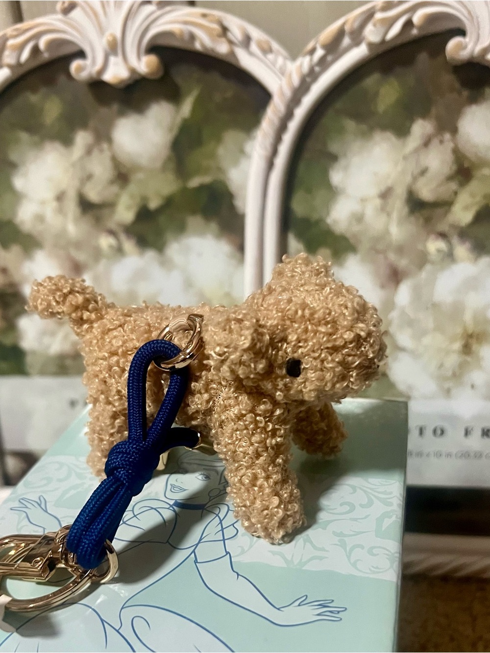 Curly Plush Puppy Keychain in Tan with Navy Loop